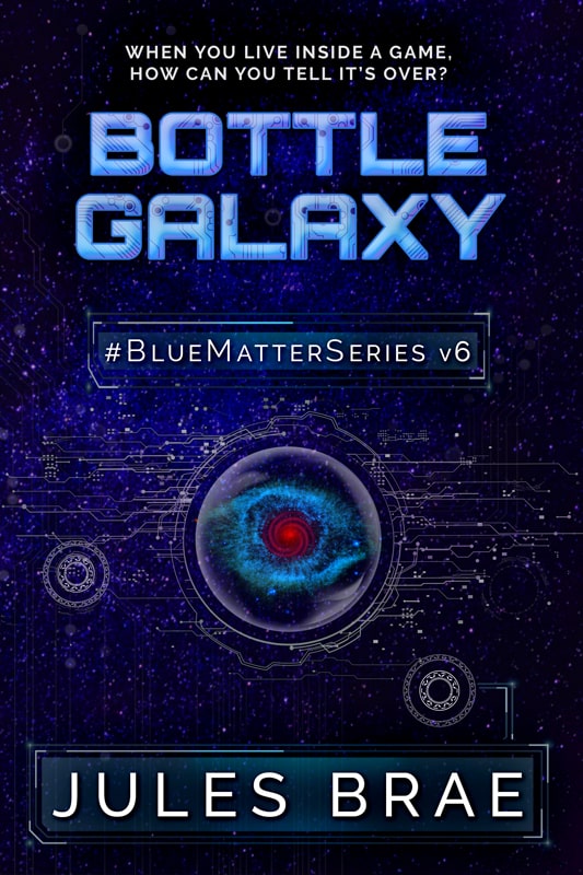 cover for Bottle Galaxy, GameLit book, showing red spiral nebula in midnight blue starfield